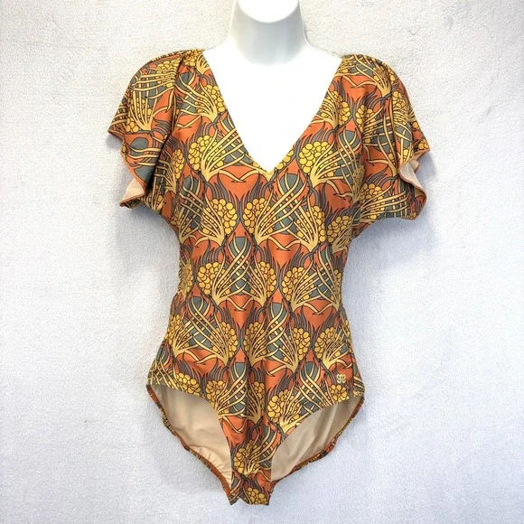 Albion One Piece Swimsuit Womens Medium Brown Orange Floral Tropical Wirefree - Picture 1 of 15